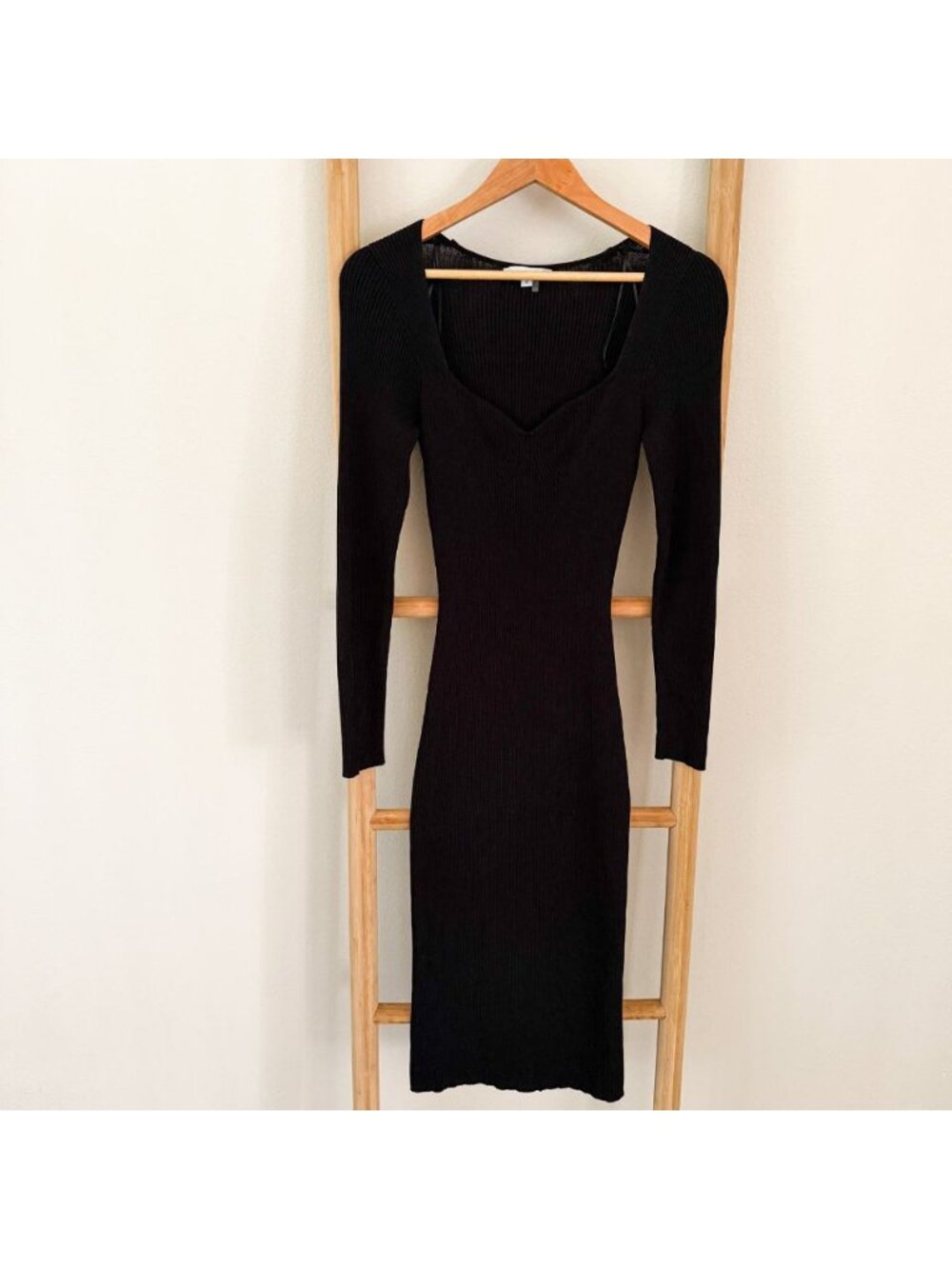 Baltic Born Black Ribbed Knit Midi Dress Long Sleeve Bodycon Size Small